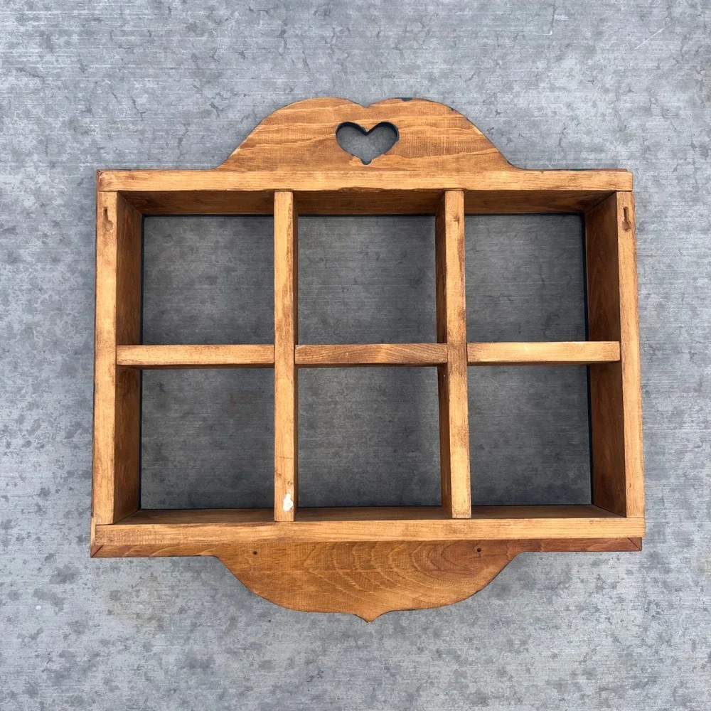 Vintage Wooden Shadow Box Wall Shelf Heart Cutout Navy Blue 6 Cubby 2 Pegs